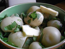 Our first Swift early new potatoes are always obliterated with butter and covered with roughly chopped flat leaf parsley.